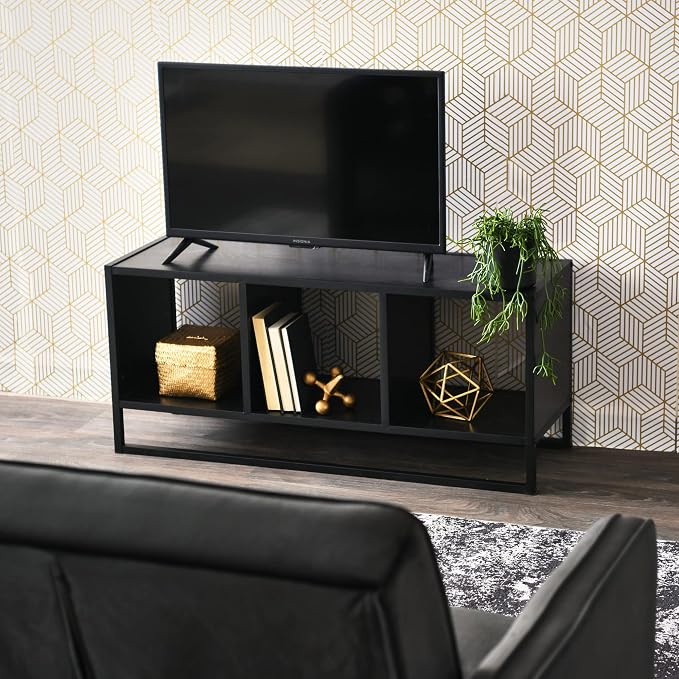 Household Essentials Black Oak & Iron Cubby Media Console Table
