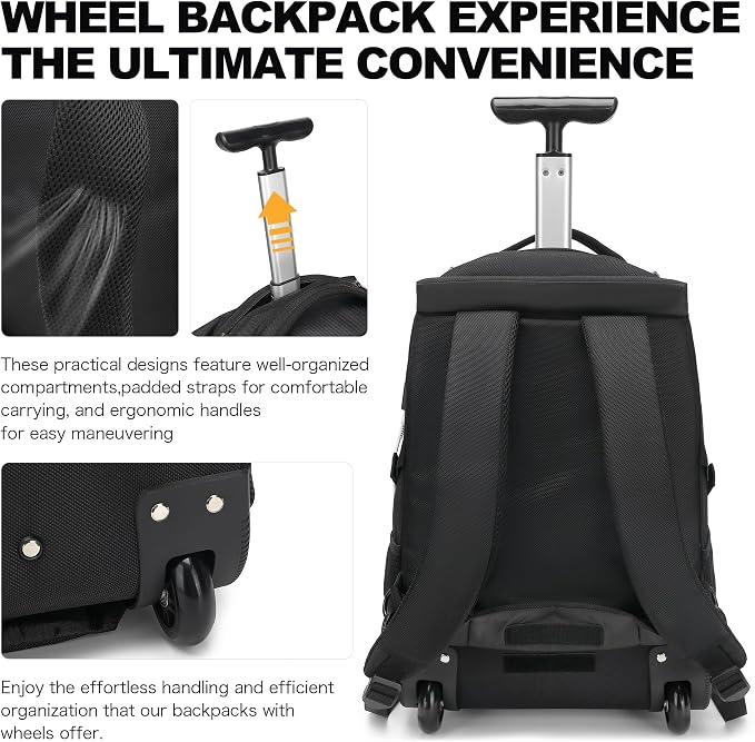 Boavan Rolling Backpack,17 inch Water Resistant Wheeled Backpack,Carry on Luggage Business Bag, Overnight College Computer Trolley Suitcase for Men Women Adults to Travel，Black