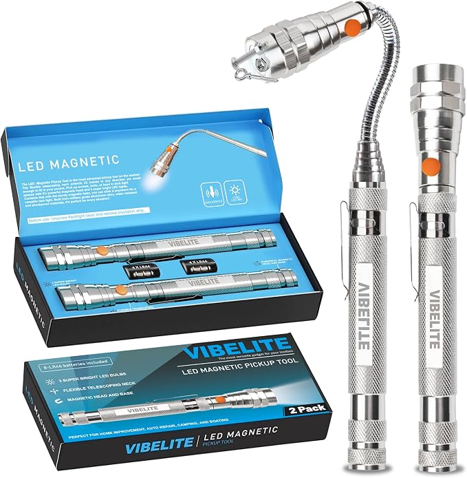 Extendable Magnetic Flashlight with Telescoping Magnet Pickup Tool-Cool Gadget, Fathers Day Dad Gifts, Birthday Gifts for Men, Dad, Husband, Him, Father, Mechanic, Boyfriend, Women, Silver, 2 Pack