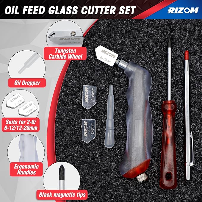 Rizom Glass Cutting Tool, Glass Cutter 2-20MM, 8" Tile Nippers, 8" Glass Running Pliers with Curved Jaws, 6" Breaker Grozer Pliers, Glass Cutter Kit for Stained Glass, Tiles, Mosaic Cutting