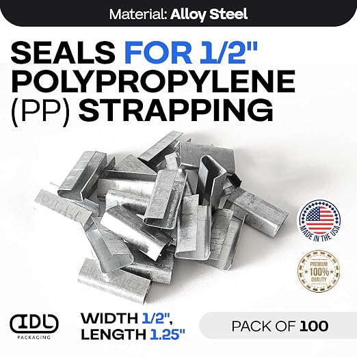 IDL Packaging Open (Snap-On) Seals of 1.25" Length for 1/2" Strap Width Polypropylene (PP) Strapping (Pack of 100) - Strong Metal Clips with Superior Holding Power, PP-O-12-M