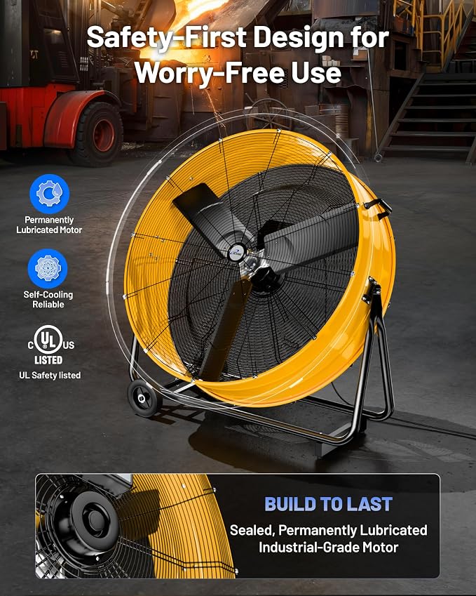 iLiving 36 Inches 16000 CFM Heavy Duty High Velocity Barrel Floor Drum Fan with DC Brushless Motor, Stepless Speed Adjustment for Workshop, Garage, Commercial or Industrial, UL Safety Listed