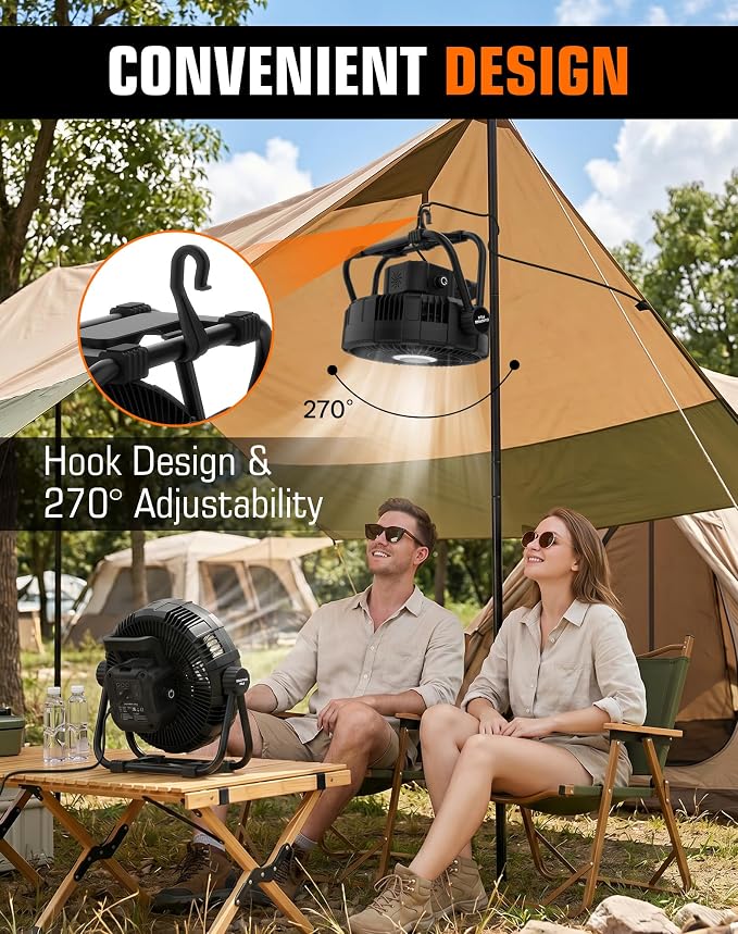 10" Plug-in Portable Camping Fan, Floor Fan with Stepless Speed, LED Light, Remote Control, 270° Rotation & 1-12h Timer for Indoor Bedroom Office & Outdoor Camping, Tent, RV