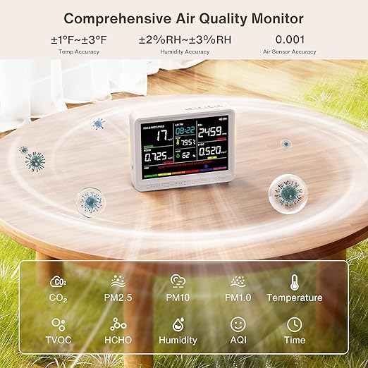 Professional 16 in 1 Air Quality Monitor Indoor 10h Battery & Real-Time Display 9 AQI+7 Alerts, Portable CO2 Monitor Air Quality Tester for CO2, TVOC, PM2.5 PM1.0 PM10, HCHO Temp/Humidity AQI & Time