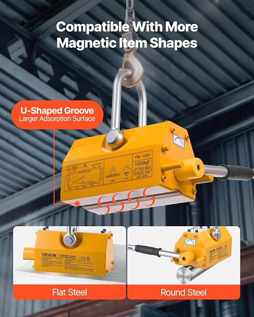 VEVOR Permanent Magnetic Lifter, 2200 lbs Pulling Capacity, Heavy Duty N42 Neodymium Lifting Magnet with Release Handle and Steel Hook, Used in Shop Crane and Hoist, for Lifting Plate Steel, Board