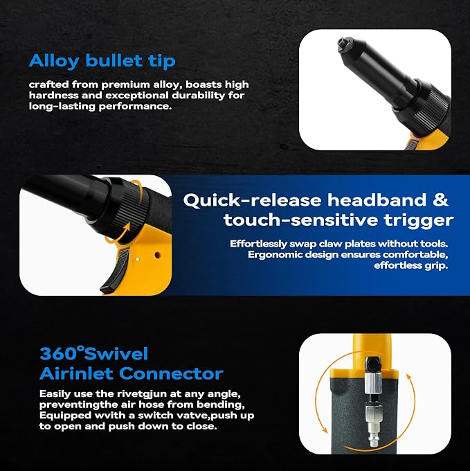 Self-Suction Pneumatic Rivet Gun Kit, Industrial Air Hydraulic Pop Riveter with 5 Nozzles (3/32"–1/4"), 4000LBF Heavy Duty Riveting Tool for Automotive, Construction & Manufacturing