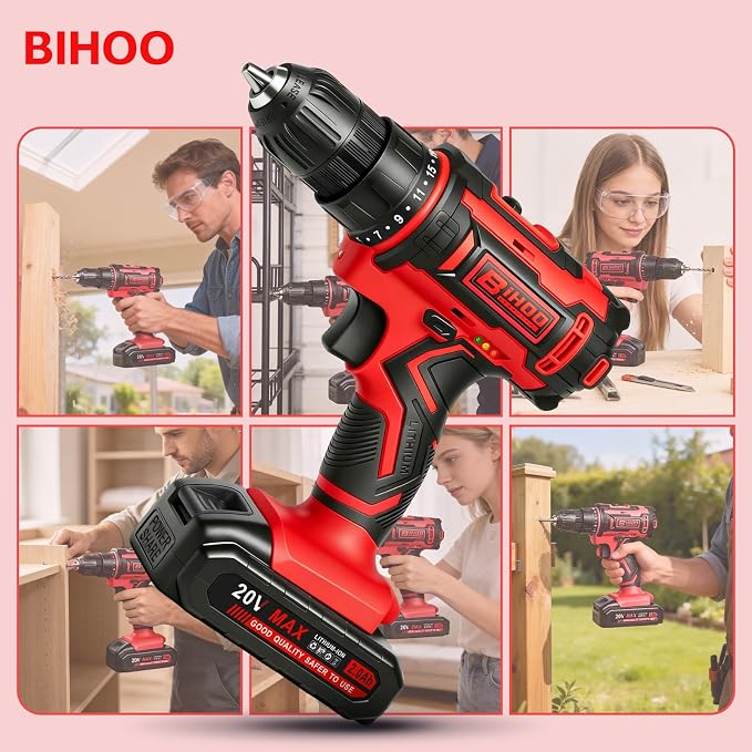 Cordless Drill Set,20V Drill Driver with Battery and Charger,3/8-Inch Keyless Chuck, Variable Speed,with Drills Bits Set,Red