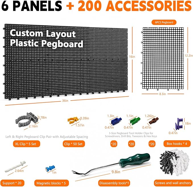 Plastic Pegboard Wall Organizer Kit, 6 Black Panels 36" x 16", 200 Accessories with Hooks, Clips & Holders, Modular Tool Storage Board for Garage, Workbench, Craft Room, Home Repair