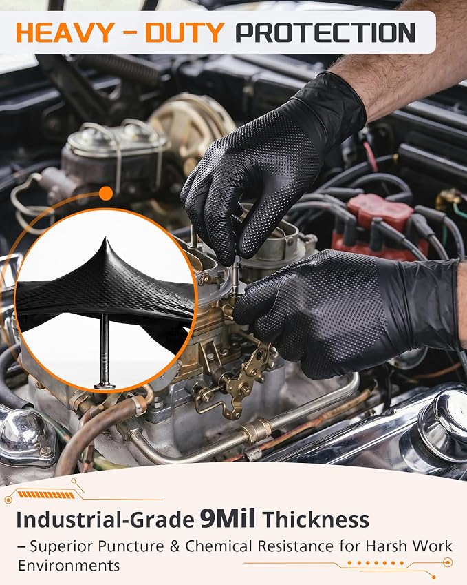 nitroshield 9mil Heavy Duty Disposable Nitrile Gloves, Black Medium 800Pcs -Chemical Resistant, Latex Powder Free Rubber Gloves Diamond Texture for Automotive, Mechanics, Cooking,BBQ, Industrial Use