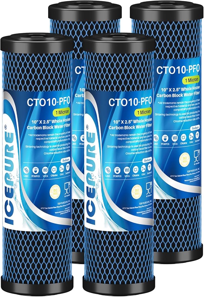 ICEPURE 1 Micron 10" x 2.5" Whole House PFOA/PFOS Carbon Water Filter Cartridge Replacement for DuPont WFPFC8002, WFPFC9001, SCWH-5, WHCF-WHWC, FXWTC, CBC-10, RO Unit, Pack of 4