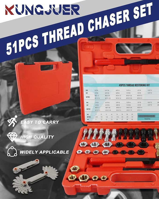 51PCS Thread Restorer Tool, Thread Repair Tool Kit, Thread Files | 22 Taps 24 Dies 3 Thread Files 2 Thread Gauges，Master Thread Rethreading Kit UNC UNF & Metric Thread Chaser Set