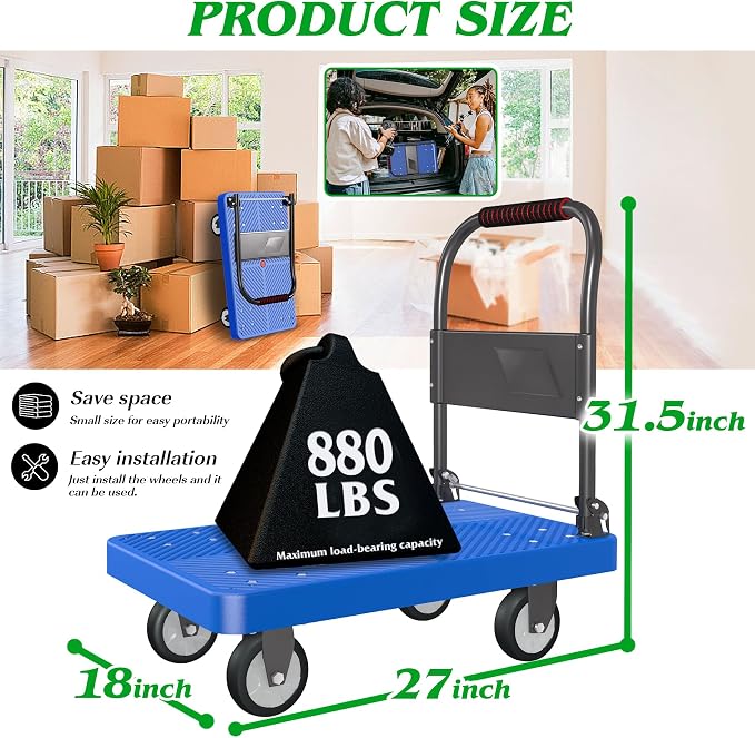Platform Truck, 880lbs Capacity Heavy-Duty Foldable Hand Cart w/ 360° Swivel Wheels, 4 Steel Pipe Support Beams Push Dolly Cart for Warehouse Garage Home Use (27" Lx18 Wx31.5 H)