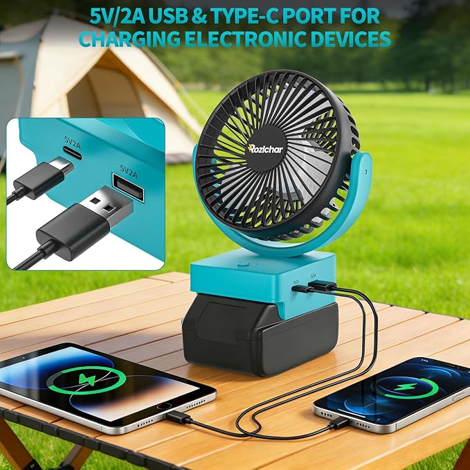 Rozlchar Portable Cordless Fan Compatible For Makita 18V Battery, Work for BL1860 BL1850 BL1840 BL1830, Jobsite Fan With USB A+C Fast Charging For Camping Workshop and Construction Site(No Battery)
