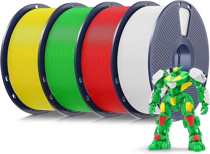 SUNLU 4kg PLA 3D Printer Filament Bundle Multicolor, Neatly Wound PLA Filament 1.75mm ±0.02mm, Individually Vacuum Packed, 4kg in Total, 1kg per Spool, 4 Pack,White+Red+Green+Yellow.