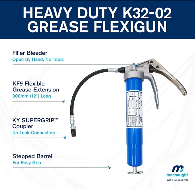 Macnaught Heavy-Duty Pistol Grip Grease Gun with 10 Year Performance Warranty. Includes Our Patented KYPLUS® Locking Grease Coupler (Locks on Tight, Won't Leak!)