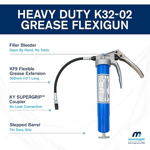 Macnaught Heavy Duty Pistol Grip Grease Gun with 10 Yr Warranty, Bulk fillable or 14oz. Cartridge. 1/8 NPT Flex Connection x 12″ Long, KY Supergrip Three-jaw high-Pressure Coupler. No Leak Connection