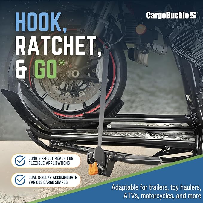 CargoBuckle Mini G3 Retractable Ratchet Straps, 1400 lbs Break Strength, 1-Inch Width X 6 ft Reach, Self Retracting Ratchet Straps for Trailers, Toy Haulers, ATVs, and Motorcycles - 2 Pack