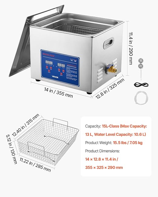 VEVOR Ultrasonic Cleaner 15L-Class Capacity Ultrasonic Parts Cleaner 40kHz, Digital Time and Temp Control, Stainless Steel Ultra Sonic Cleaning Machine with Cleaning Baskets, for Auto Parts, Glasses