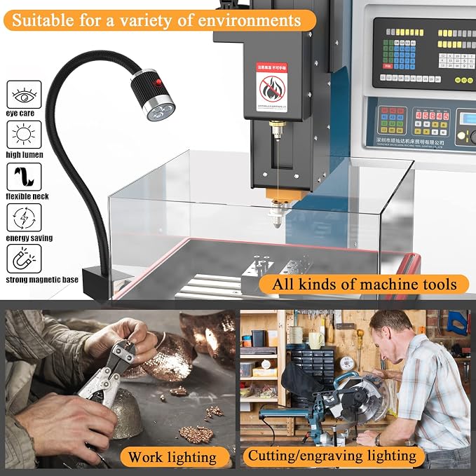 12T Magnetic Work Light, Led Machine Light, 23inFlexible Gooseneck lamp with Strong Magnetic Basefor Lathe Milling Drill Press Industrial Lighting 120V