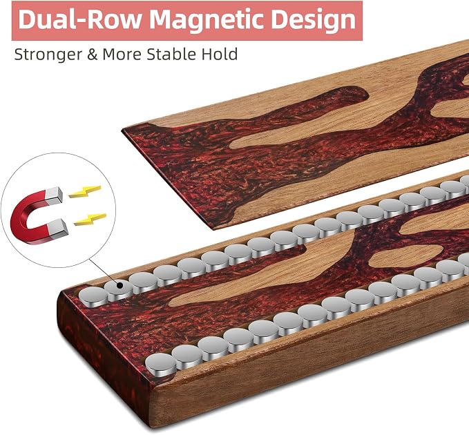 FINDKING Magnetic Knife Strip for Wall, Solid Acacia Wood with Deep Red Resin Inlay, Wall-Mounted Knife Holder with Strong Magnetic Hold, No-Drill Adhesive Mount (12 Inch)