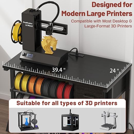 3D Printer Workstation with Power Outlet & Filament Storage, Heavy Duty 4-Tier 3D Printer Stand with Drawer, X-Bracket Stability, Large 39.4” 3D Printing Desk for Workshop, Studio, Office