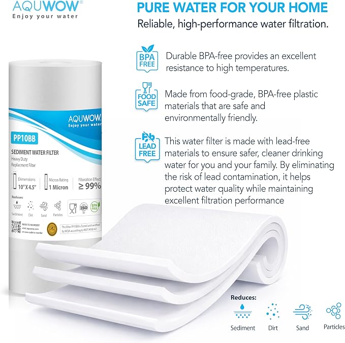 PP10BB 1 Micron 4.5" x 10" Polypropylene Filter Set – Replacement Cartridges for Whole House & Under-Sink Water Systems, Durable Sediment Pack (6, 10 x 4.5)