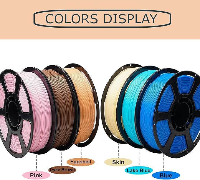 6 Pack 3D Printer Filament Bundle, 6KG PLA Plus 1.75 mm, Multi Color, 1KG per Spool, Tangle Free, Blue+Lake Blue+Pink+Eggshell Yellow+Brown+Skin