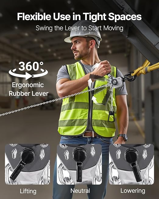 VEVOR Manual Lever Chain Hoist, 1/2T 1100LBS Capacity Heavy Duty Come Along, 5FT Lift G80 Alloy Steel Chain with Dual Pawl Mechanical Brake,360°Rotating Hooks, for Warehouse Construction Garage