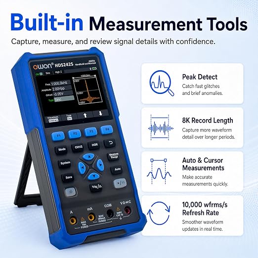 HDS242S Oscilloscope, 2 in 1 Dual Channel 40MHz Bandwidth Handheld Oscilloscope Multiumeter with Waveform Generator for Automatic Measurements, Electronic Measurement 3.5 inch LCD