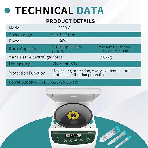 Centrifuge Machine PRP PRF 2ml-5ml/10ml/15mlx8 Speed 500-4000rpm 1967xg RCF Lab Benchtop Centrifuges Store 9 Programs Timer 30sec-99min
