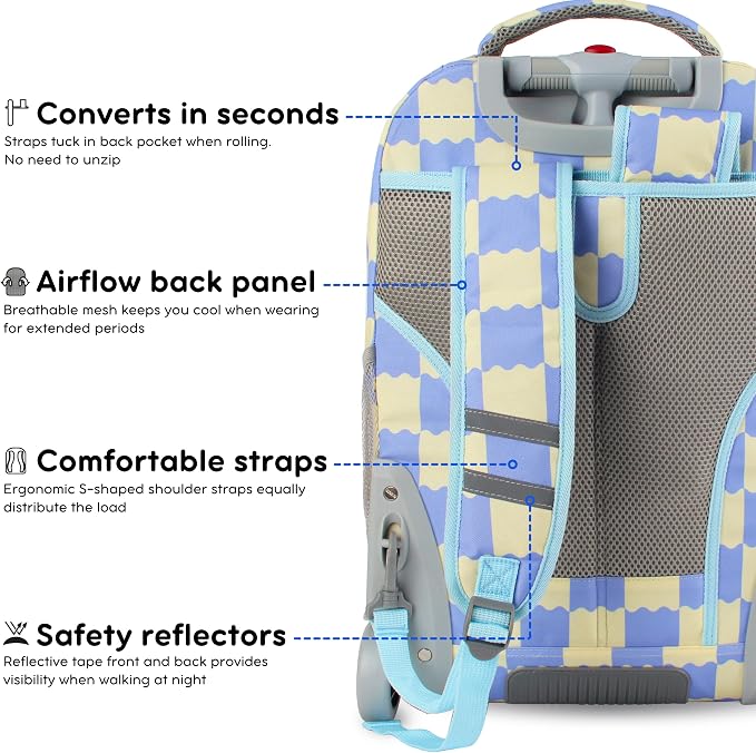 J World Sundance Laptop Rolling Backpack for Girls Boys. Roller Bookbag with Wheels, 20 Inch, Wiggle Blue
