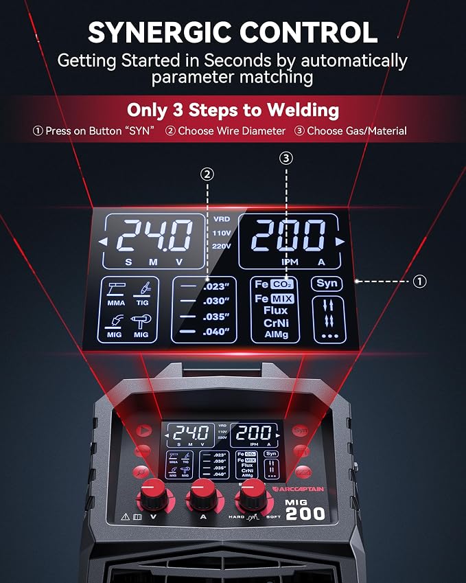 ARCCAPTAIN MIG Welder, 200Amp 6 in 1 Gas MIG/Gasless Flux Core MIG/Stick/Lift TIG/Spot welding/Spool Gun 110V/220V Aluminum Multi Process Welding Machine with LED Digital Display, Burn Back Adjustment