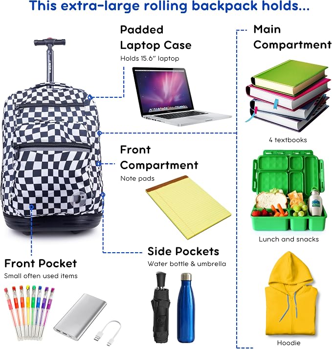 J World Sundance Laptop Rolling Backpack for Girls Boys. Roller Bookbag with Wheels, 20 Inch, Wavy Checkers
