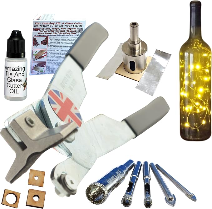 Glass Cutters For Stained Glass Sheets Kit, Diamond Bits And Hole Saw For Tiles Bottles Blocks Plates and Cup Crafts, with Cutting Oil and Instructions How to Cut Tile and Drill Holes For Bottle Lamps