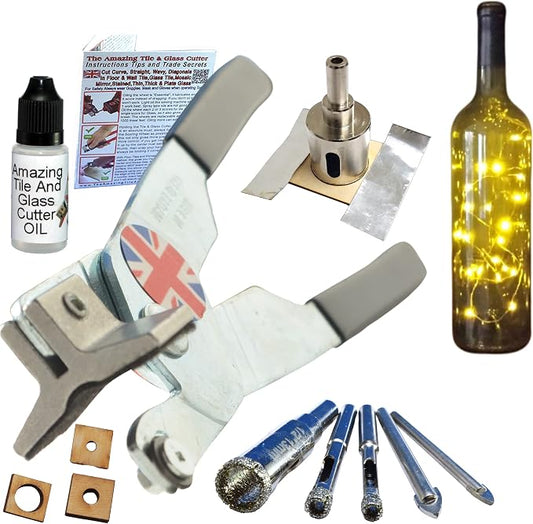 Glass Cutters For Stained Glass Sheets Kit, Diamond Bits And Hole Saw For Tiles Bottles Blocks Plates and Cup Crafts, with Cutting Oil and Instructions How to Cut Tile and Drill Holes For Bottle Lamps