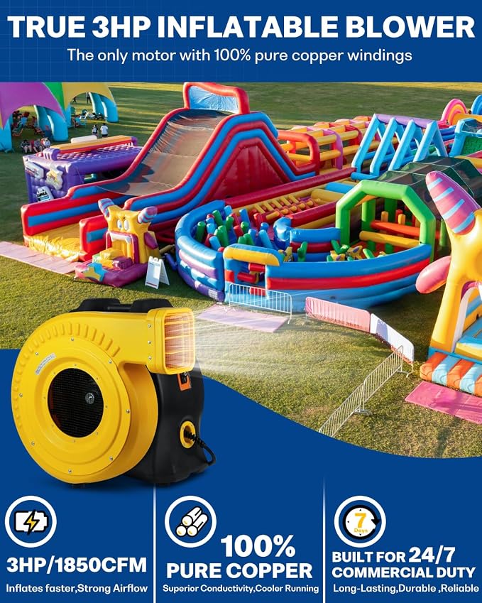 3HP Commercial Inflatable Bounce House Blower, 2150W Air Blower for Big Inflatable Paint Booth, Water Slides, Castle and Jump Slides, Portable and Powerful Fan Pump