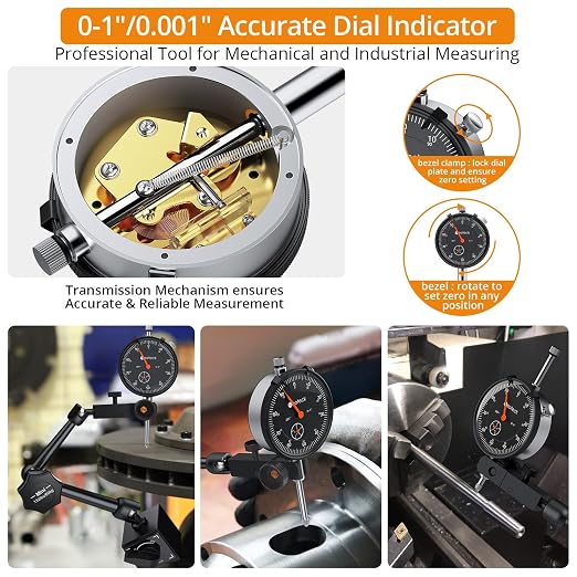 Neoteck Dial Indicator 0-1in/0.001in with 132lbs/60kg Magnetic Base,Imperial Dial Test Indicator Gauge Set with Storage Case for Lathe,3D Printer,CNC,Automobile,Laboratory- Black