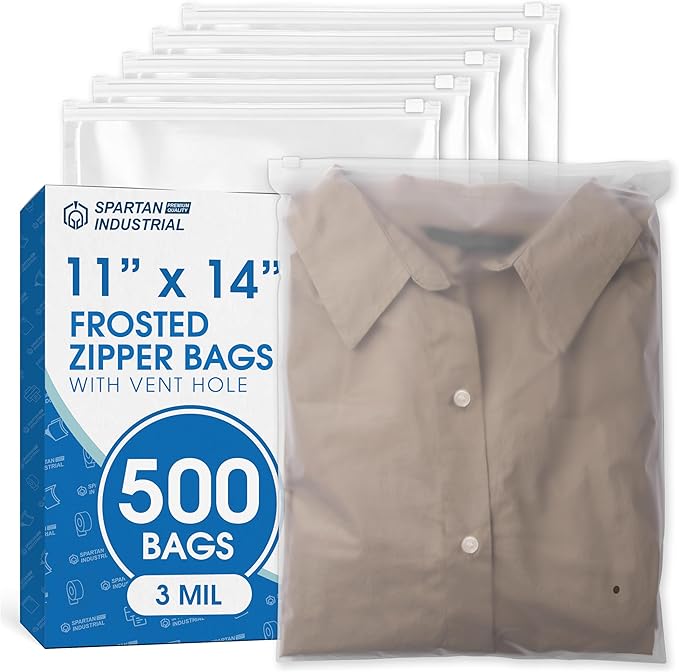 Spartan Industrial - 11” X 14” (500 Count) 3 Mil Frosted Reclosable Zip Plastic Bags with Resealable Lock Seal Zipper and Vent Hole | For Packaging Clothes, Shirts & More