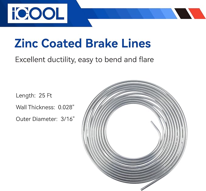 ICOOL 25 ft 3/16" Zinc Coated Brake Line Flaring Tool Kit with 20 Fittings and 4 Unions Brake Line Fittings, Brake Line Kit with Tube Bender and Reamer