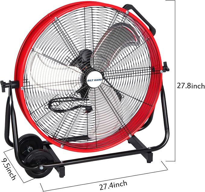 BILT HARD 24" Heavy Duty Industrial Drum Fan, 8100 CFM High Velocity Drum Fan with 3-Speed Control, Metal Shop Fan for Warehouse, Garage, Workshop, Basement and Factory