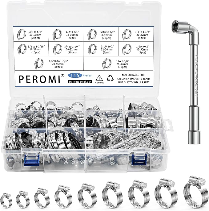 115Pcs Adjustable Stainless Steel Hose Clamps Kit, 8 Sizes 5/16"-2" (8-50mm) Worm Gear Hose Clamp, Metal Pipe Clamp for Plumbing, Mechanical, Garden, Automotive Fuel Line