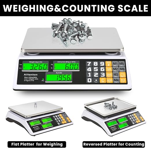 66lb/30kg Digital Price Computing Scale with Dual LCD & Counting Mode — Rechargeable Stainless Steel Food Scale for Farmers Markets, Delis, Bakery & Retail