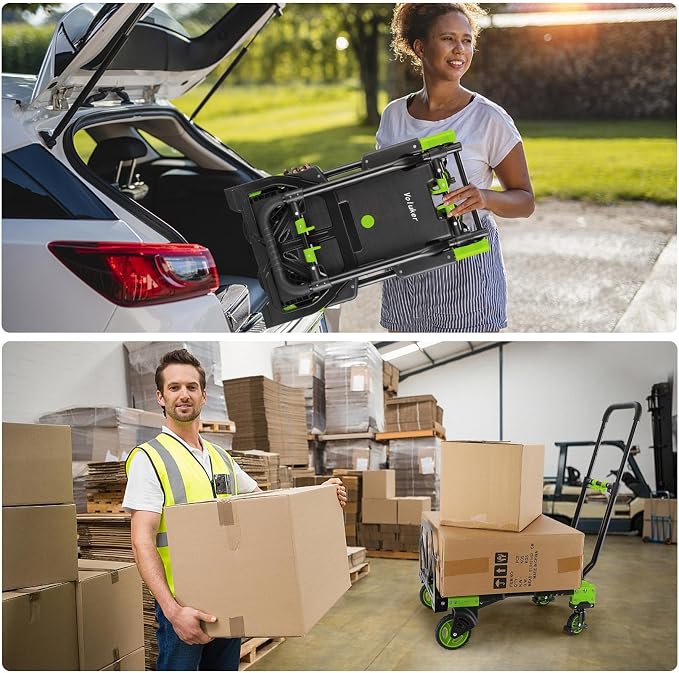 330LB Folding Hand Truck Moving Dolly, Hand Trucks Heavy Duty Combination of 4 Wheels and 2 Wheels Convertible Dolly Cart with Retractable Handle Dolly for Moving Office Carts(Green)
