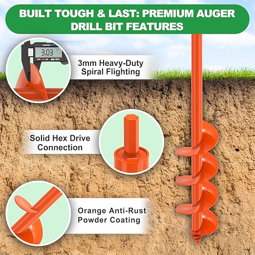 SELEWARE Auger Drill Bit for Planting 4"x24" Drill Auger for 3/8" Hex Drive | Orange Heavy-Duty Steel Garden Auger Drill Bit, Bulb Planter Tool, Auger Post Hole Digger for Bulbs, Flowers, Fence Posts
