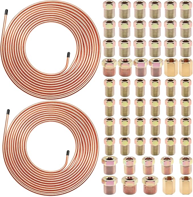 60Pcs 2 Sets 3/16 Inch & 1/4 Inch 25 FT Brake Line Tubing Kit with 58 Pcs Brake Line Fittings, Copper Coated Alloy Steel Brake Lines Kit Replacement for Hydraulic Fuel Transmission Line