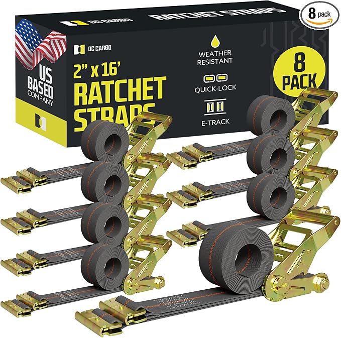 DC Cargo Mall E Track Ratchet Straps Cargo Tie-Downs, (Pack of 8) 2 x 16 Heavy Duty Grey Tie-Down Rachet Straps, Strong Ratchet Strap, E Track Spring Fittings, Tie Down Motorcycle