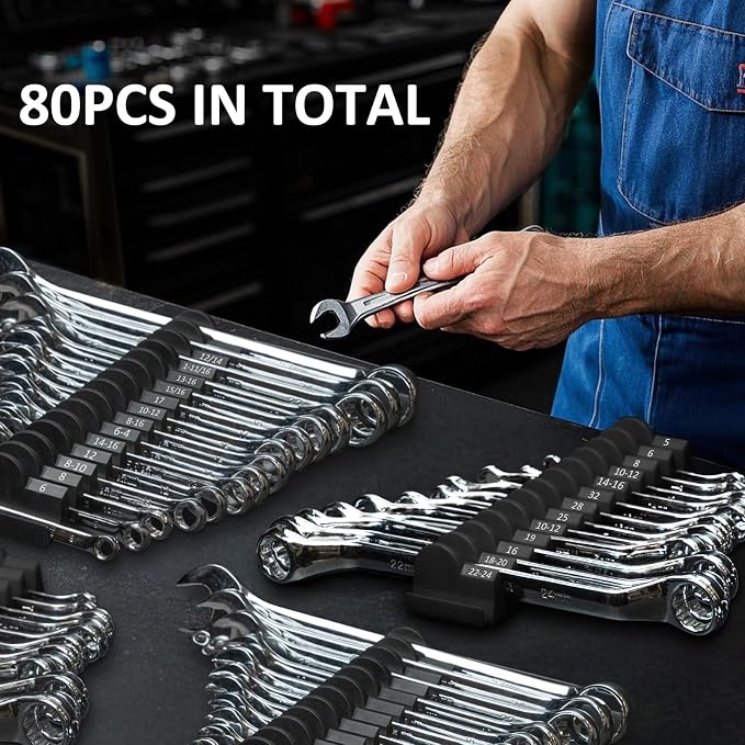 DEHOYI 80 pcs MAGNETIC Modular Wrench Organizers for Tool Drawers - Wrench Rack with Metric & SAE Labels, Perfect Tool Storage Holder. Gift for father, brother and boyfriend (With Magent) (Black)