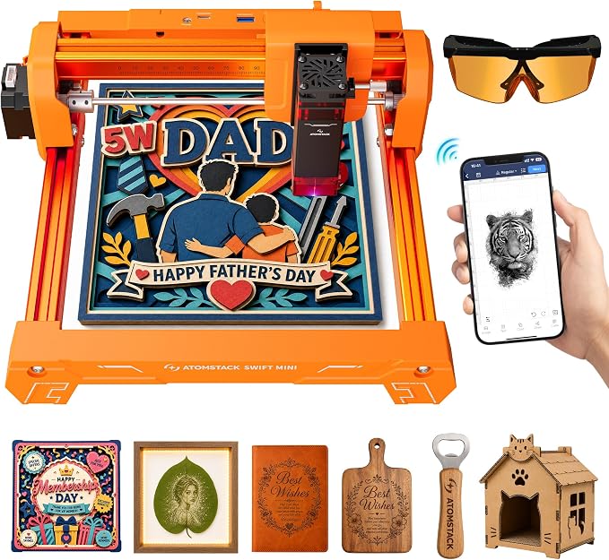 ATOMSTACK Swift 5W Laser Engraver Mini, Laser Engraving Machine for Wood Leather Acrylic, Desktop Laser Cutter, Fully Assembled, WiFi & USB, AI Software, 135×145mm Work Area, Orange, 5000mW