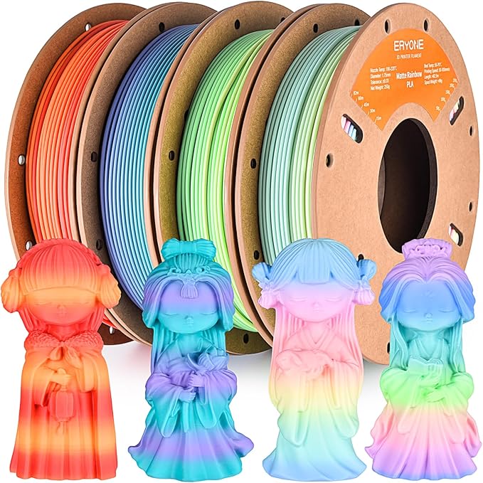 ERYONE PLA Filament 3D Printer Filament Bundle Multicolor 1.75mm +/- 0.03mm, PLA Filament 250g Spool, 4 Rolls, Matte Rainbow