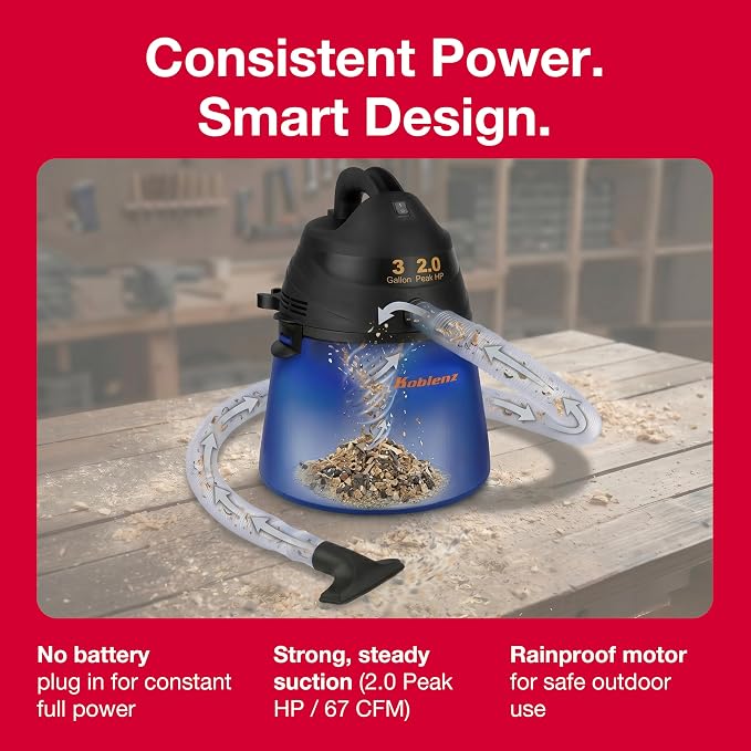 Koblenz Wet Dry Vacuum Cleaner, 3 Gallon 2.0 PHP, Twist-N-Lock Hose, Small Shop Vac, Portable Shop Vac for Home Car Garage Workshop, 10 ft Reach, Accessories Included, Blue/Black, WD-353L